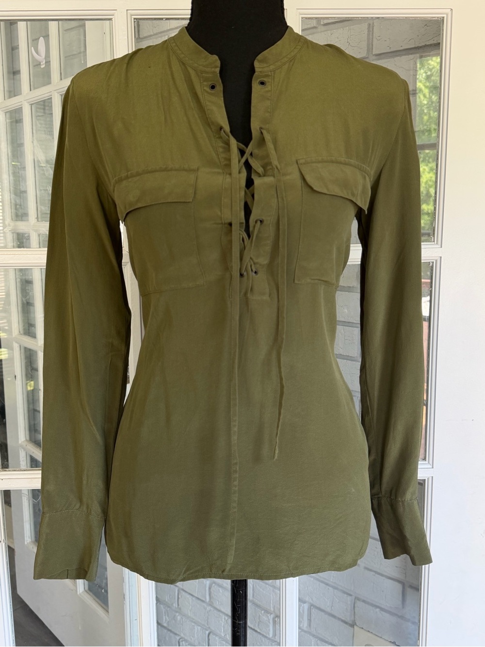 Madewell Lace Up Blouse Womens XXS 100%Silk Green Long Sleeve Casual